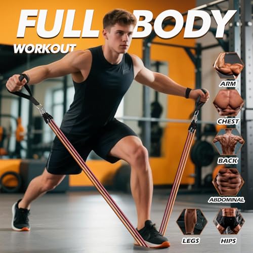 WHATAFIT Resistance Bands, Exercise Bands, Workout Bands with Handles, Door Anchor and Ankle Straps, 5 Resistance Levels Fitness Bands for Strength Training, Physical Therapy, and Home Gym Equipment