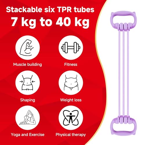 6 Gear Adjustable Resistance Bands, Fitness Resistance Bands Exercise Bands with Comfort Grips, Unisex, for Arms, Chest Extender, Home Workout, Fitness, Pilates - color: Purple