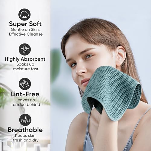 Microfiber Waffle Face Towels, 2 Pieces, Soft, Absorbent, Fast Drying, Lint Free 430 GSM (Green) - color: Green