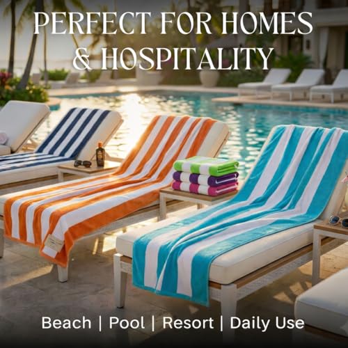 Beach Towels 6 Pack Large 30x60-100% Cotton Beach & Pool Towels Bulk Cabana Stripe - Quick Dry Bath Towel Set for Swim, Beach Essentials, Bathroom, Hot Tub, Yoga, Hotel & Airbnb Guests - color: Green, Purple, Turquoise, Orange, Royal Blue, Pink