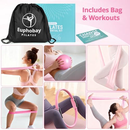 Pilates Essentials Kit for Women, Home Workout Pilates Kit with Ring, Mini Ball, Resistance Bands, Yoga Strap & More | Beginner Pilates Starter Kit for Toning, Strength & Flexibility