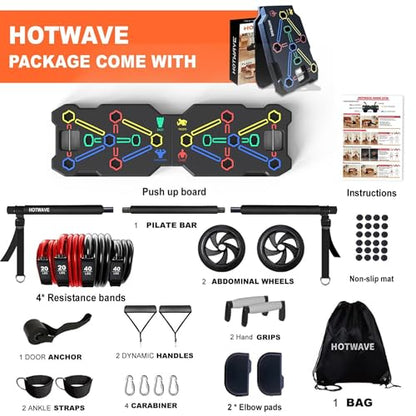 Portable Workout Equipment with 20 Gym Accessories, Push Up Board &Plank Trainer, Resistance Bands with Ab Wheel, Exercise at Home For Men and Women
