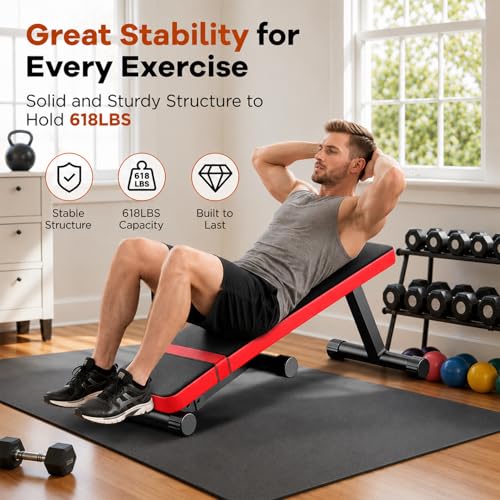 Flat Weight Bench for Home Gym 618 LB Foldable Adjustable Workout Bench Dumbbell Bench Press Exercise Bench for Strength Training & Sit Ups Black