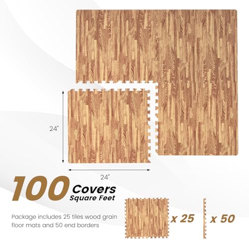 Giantex 100 Sq. Ft Wood Grain Floor Tiles Foam Mat, 25 PCS 24'' x 24'' Puzzle Exercise Mats with Borders, 2/5-Inch Thick Protective Flooring EVA Interlocking Foam Floor Tiles for Playroom Apartment
