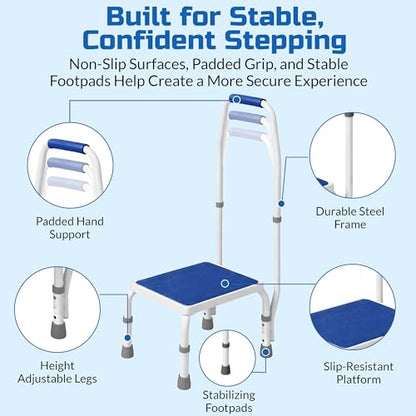 Platinum Health AdjustaStep(tm) Deluxe Step Stool/Footstool with Handle/Handrail, Height Adjustable. Modern White/Blue Design. Padded Non-Slip Handle. 300 lb. Capacity - size: 300 lb. Capacity - 1 Step