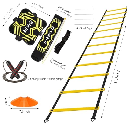 Soccer Agility Training Equipment Set, 12 Rung 20Ft Agility Ladder, 12 Disc Cones, 4 Steel Stakes, Solo Soccer Trainer, Jump Rope - Speed Training Equipment for Soccer Football Basketball - color: Yellow