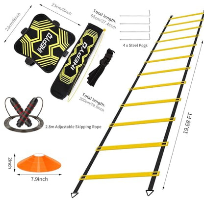 Soccer Agility Training Equipment Set, 12 Rung 20Ft Agility Ladder, 12 Disc Cones, 4 Steel Stakes, Solo Soccer Trainer, Jump Rope - Speed Training Equipment for Soccer Football Basketball - color: Yellow