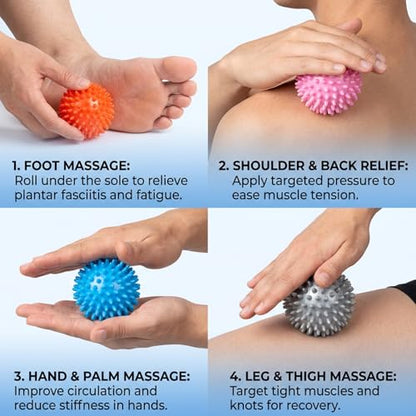 4-Pack Spiky Massage Balls, Massage Ball for Feet, Back, Feet, Hands, Muscles, Soft Spiked Massager Rollers for Plantar Fasciitis Relief, Myofascial Release, Acupressure and Stress Relief, 2.7 Inch