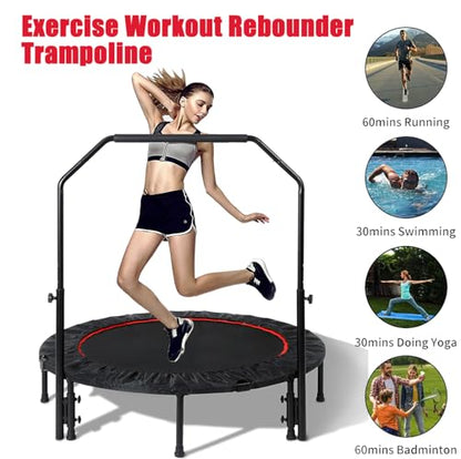 40" Foldable Mini Trampoline for Kids & Adults, Fitness Rebounder with 5-Level Adjustable Foam Handle, Max Load 450 lbs, Indoor/Outdoor Exercise Trampoline for Home Workouts (Red)