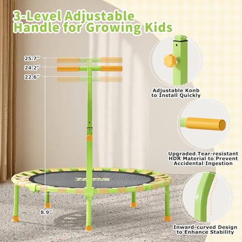 36'' Mini Trampoline for Kids 3-6, Foldable & Spring-Free, Small Toddler Trampoline Indoor Outdoor with Adjustable Handle Bar - color: Yellow & Green