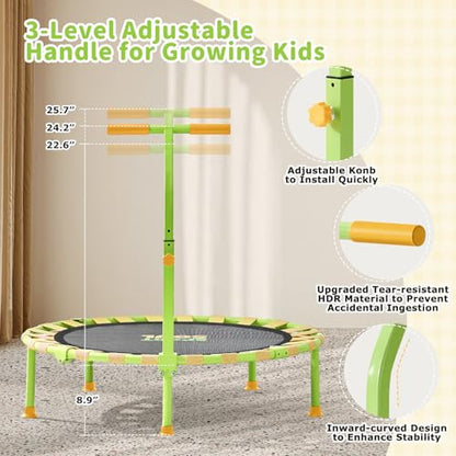 36'' Mini Trampoline for Kids 3-6, Foldable & Spring-Free, Small Toddler Trampoline Indoor Outdoor with Adjustable Handle Bar - color: Yellow & Green