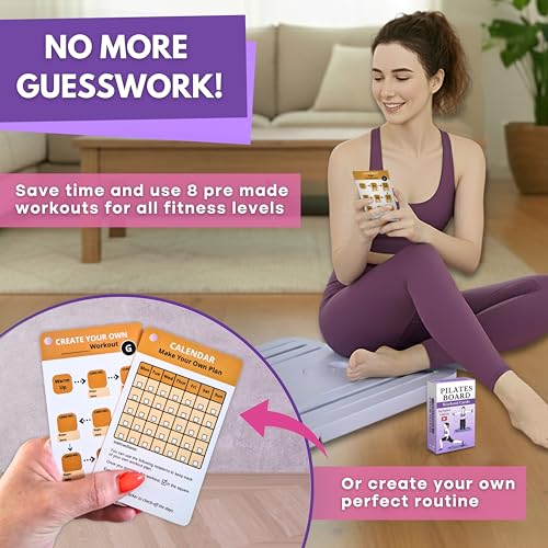 Pilates Board Workout Cards – 67 Exercise Cards with Videos & Workout Plan - Includes 5-Week Challenge, Ebook, Progress Chart & 2 Rings for Easy Organization - Home Portable Reformer Guide for Women