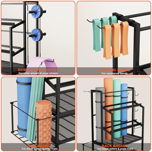 Dumbbell Rack with Wheels, Adjustable Heavy Duty Weight Stand for Dumbbells Kettlebells, Multi-Purpose Home Gym Storage Organizer for Yoga Mat Foam Roller, Workout Equipment Storage Rack