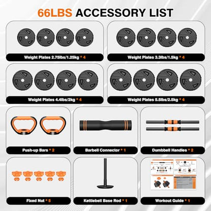Adjustable Dumbbell Set, 33/44/66/88lbs Free Weights Set with Connector, 5 in 1 Weights Dumbbells Set Used as Barbell, Kettlebells, Push up Stand, Weight Plate, Exercise & Fitness Equipment for Home Gym Workout