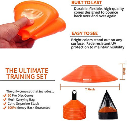 Pro Disc Cones (50 PCS) Disc Cone Agility Training Sports Cone Plastic with Carry Bag & Holder for Training, Football, Soccer, Kids, Sports, Field Cone Markers