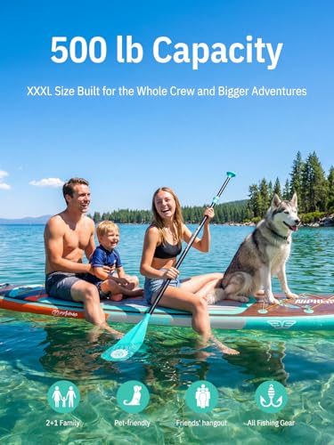 Niphean (Extra Large) Inflatable Paddle Board, SUP for 2+1 People/Family 500lbs Capacity Stand Up Paddle Board with SUP Accessories, StabilTrac Fin Non-Slip Paddleboard for Adults - color: Light Green