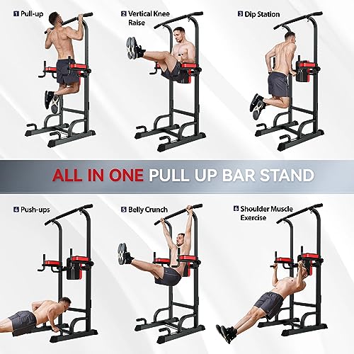Pooboo Power Tower Dip Station Pull Up Bar for Fitness Home Gym Workout,Multi-Function Adjustable Height Fitness Strength Training Exercise Equipment (Black)
