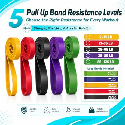 Exercise Bands Resistance Bands Set, 5 Pull Up Bands and 5 Loop Bands with Door Anchor, 2 Handles, Carry Bag and Training Guide for Women Men, Home Workout, Strength Training