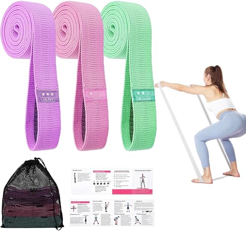 Resistance Bands for Working Out, Fabric Exercise Bands Set of 3, Long Elastic Bands for Exercise with Workout Guide and Carry Bag, Fitness Bands for Strength Training, Yoga, Pilates, Home Workout - color: Pink + Green + Purple [Set of 3]