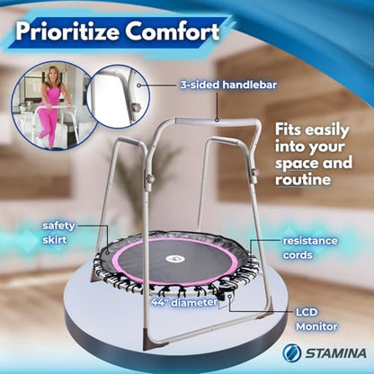 Denise Austin 44 in Fitness Trampoline with Handlebar, for Cardio Fitness | Rehab & Home Workouts for Seniors & Beginners; Balance; 44” Rebounder with Handlebar for Adults