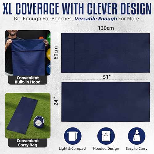 Hooded Microfiber Gym Towel – Highly Absorbent Car Seat Towel with Carry Bag – Double-Sided Sweat Towel, Reversible, Quick Dry & Sand-Resistant Fabric, Navy Blue, 130 x 60cm