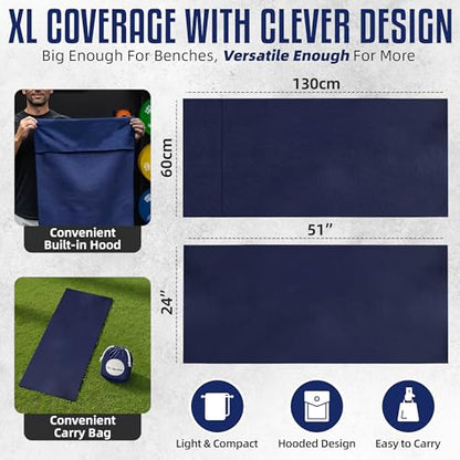 Hooded Microfiber Gym Towel – Highly Absorbent Car Seat Towel with Carry Bag – Double-Sided Sweat Towel, Reversible, Quick Dry & Sand-Resistant Fabric, Navy Blue, 130 x 60cm