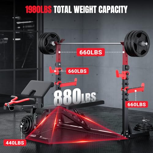 YOLEO 1980Lbs Olympic Weight Bench with Rack with Adjustable Weights Dumbbells for Heavy Lifting, 47.5" Wide Full Bench Press Set with Safety Catches for Squat for Home Gym (Pro/Advanced)
