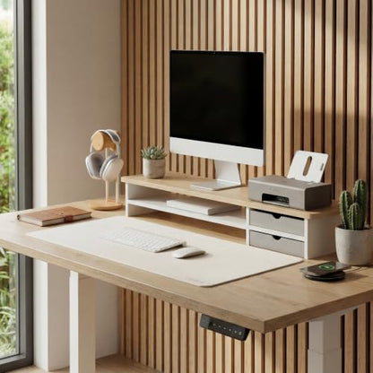 Fenge Monitor Stand, Desk Computer Riser with Frosted Storage Drawer, Oak - color: Oak