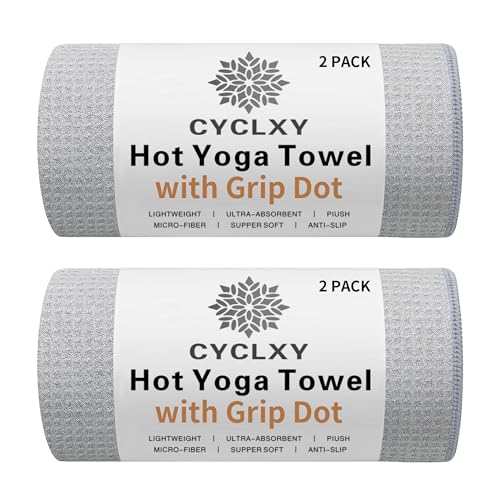 2 Pack Hot Yoga Towel with Grip Dot，Stickyfiber Yoga Mat Towels Non Slip for Hot Yoga,Absorbent Microfiber Sweat Anti-Slip Cover,Bikram,Pilates,Exercise