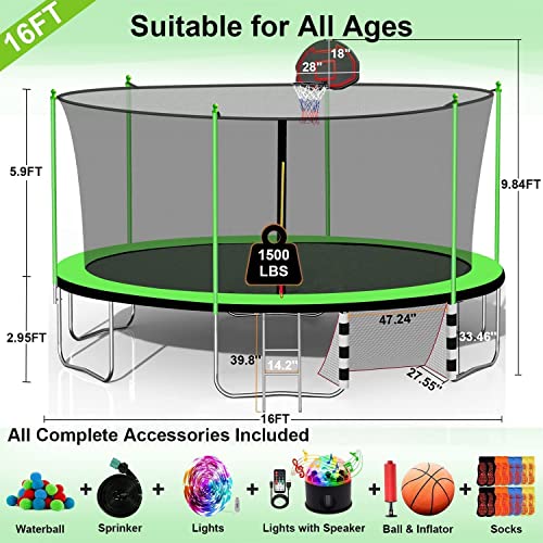 1500LBS 6 8 10 12 14 15 16 FT Trampoline for Kids and Adults with Sprinkler, Lights, Bluetooth Speaker, Water Balls, 16 Socks, Outdoor Recreational Trampolines with Enclosure Net - color: Round 16FT - Green