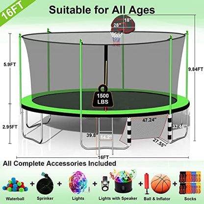 1500LBS 6 8 10 12 14 15 16 FT Trampoline for Kids and Adults with Sprinkler, Lights, Bluetooth Speaker, Water Balls, 16 Socks, Outdoor Recreational Trampolines with Enclosure Net - color: Round 16FT - Green
