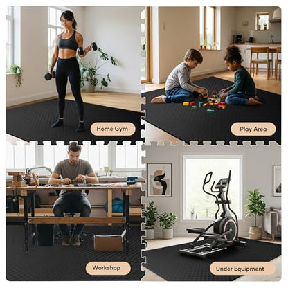 HealSmart Extra Thick Puzzle Exercise Mat 1", EVA Interlocking Foam Floor Tiles, Non-Slip Protective Padding for Workout Room, Home Gym, Daycare Flooring or Playroom, Black-1 Inch-24 SQ FT