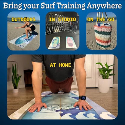 Surf Pop Up Fitness Mat, Ultra lightweight Travel Mat with Surfboard Design, Training tool for Surfers, Hand and Foot Positioning Guides to improve stance, QR code video link with Pop Up tips included on packaging - color: Blue And White