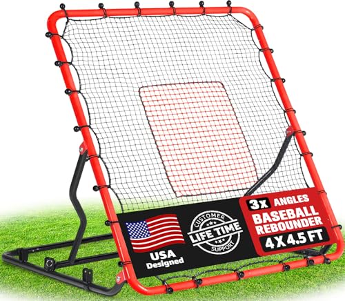 Baseball Rebounder Net, 3/5 Adjustable Angles 4x4.5FT Pitch Back Baseball Softball Volleyball Rebounder with 2 Strike Zones, UV Resistant, Pitchback Trainer for Ground, Line Drive & Fly Balls - style: 3 Angles Adjustable