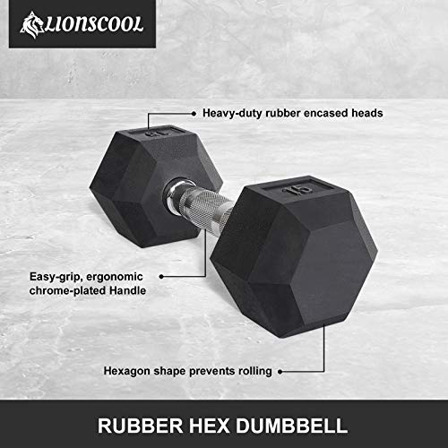 LIONSCOOL Odorless Rubber Encased Hex Dumbbells in Pairs or Single, Hand Dumbbell Weight with Metal Handle for Strength Training, Resistance Training, Build Muscle and Full Body Workout, 5-65lbs - style: 60LB SINGLE