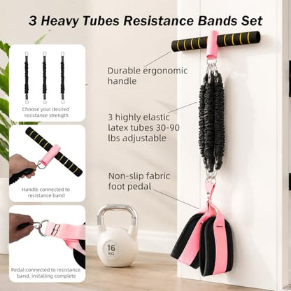 Upgraded Pedal Resistance Bands with Handles, 3 Heavy Tube Adjustable Exercise Bands Set Ideal for Women and Men, Sit Up Exercise Equipment for Abdomen, Waist, Arm, Core/ABS, Leg, Physical Therapy