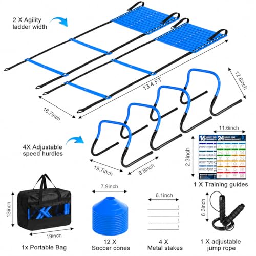 2 Pack Agility Ladder, Soccer Speed Training Equipment Set with Total 26 ft Agility Ladder, 12 Cones, 4 Adjustable Hurdles, Jump Rope, for Soccer, Basketball, Football, Kids, Youth, Adults - color: 2.Blue
