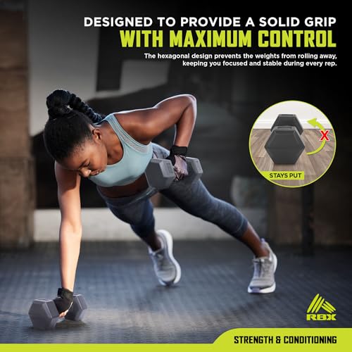 RBX Vinyl Coated Hand Weight Dumbbell Set - Hex Shaped, Roll Free for Body Building/Sculpting/Strength Training Exercise, (Set of 2)