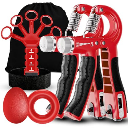 Grip Strength Trainer(5 Pack) with Finger Exerciser, Hand Grip Strengthener, Finger Stretcher,Grip Ring & Stress Relief Ball for Muscle Building and Injury Recover with Carry Bag - color: RED