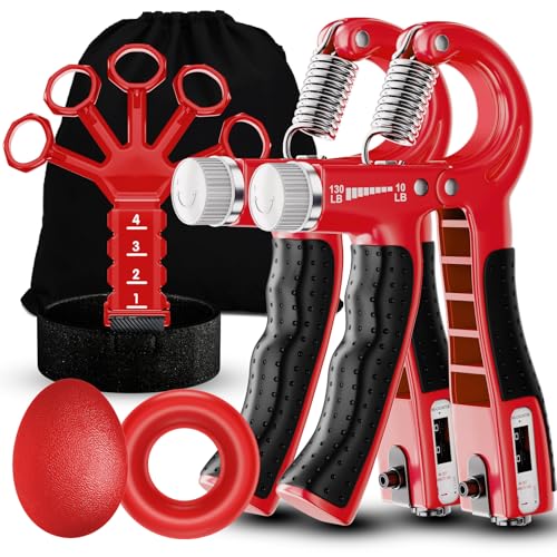 Grip Strength Trainer(5 Pack) with Finger Exerciser, Hand Grip Strengthener, Finger Stretcher,Grip Ring & Stress Relief Ball for Muscle Building and Injury Recover with Carry Bag - color: RED