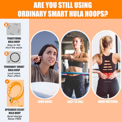 U5 Smart Weighted Hula Hoop with Counter, Waist Trimmer & Wash Bag –16 Knots, 28"–46" Adjustable Infinity Hoop Plus Size, Quiet Rubberized Wheels, Abdominal Toner - color: Orange + Waist Trimmer