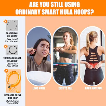 U5 Smart Weighted Hula Hoop with Counter, Waist Trimmer & Wash Bag –16 Knots, 28"–46" Adjustable Infinity Hoop Plus Size, Quiet Rubberized Wheels, Abdominal Toner - color: Orange + Waist Trimmer