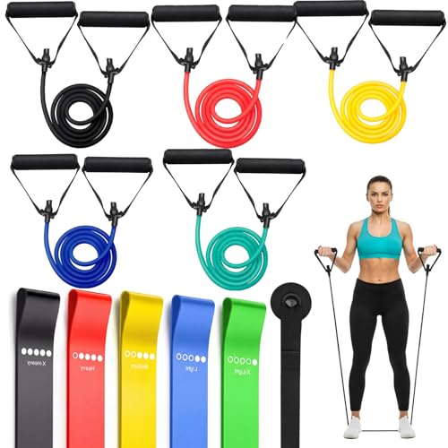 Leyndo Resistance Bands with Handles Tube Exercise Band Handle Bands Workout Door Anchor Straps for Muscle Recovery Home Gym Strength Training for Men Women - color: Bright Color, size: 10-30 Lbs