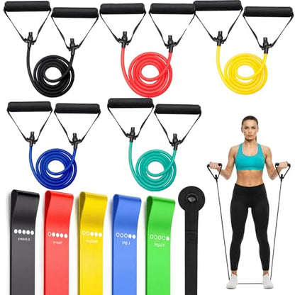 11 Pack Resistance Bands with Handles 5 Tube Exercise Band Handle 5 Bands Workout Door Anchor Straps for Muscle Recovery Home Gym Strength Training for Men Women