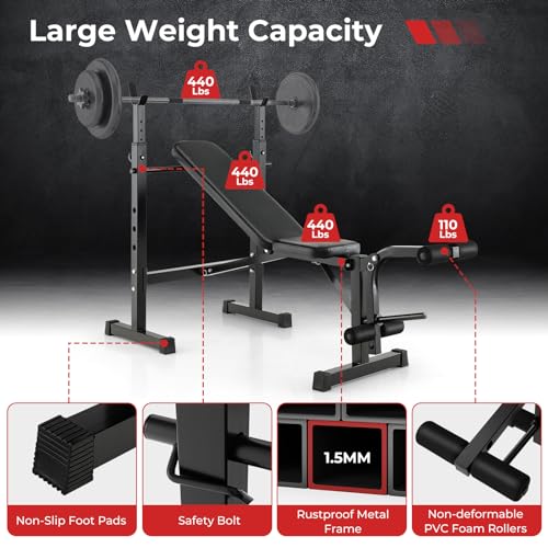 GYMAX Adjustable Weight Bench, Foldable Weight Bench with Squat Racks, Leg Extension & Leg Curl, Strength Training Workout Bench Press, Olympic Weight Lifting Bench Set for Home Gym
