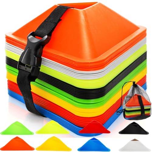48 Pack Soccer Cones for Training, Flexible Agility Disc Cones with Carry Bag and Strap, Mini Sports Practice Equipment for Football Basketball Drills (8 Colors)