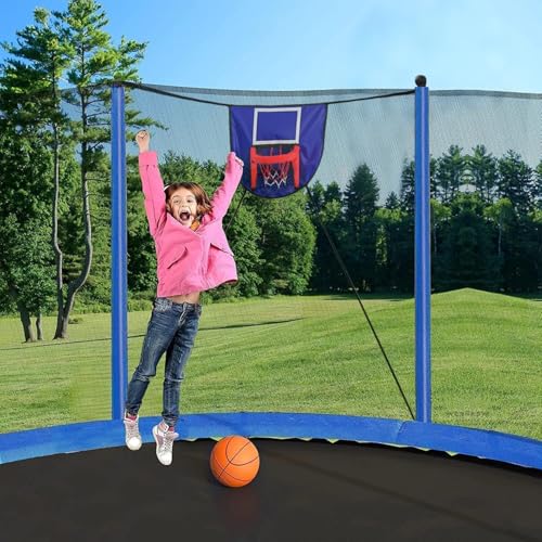 1500LBS 10FT 12FT 14FT 16FT Trampoline for Kids Adults with Basketball Hoop, Enclosure Net, Sprinkler, Lights, Disco Ball with Music Speaker, Heavy Duty Trampoline Outdoor Trampolines - color: Blue - 8FT