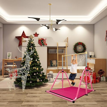 Foldable Gymnastics Kip Bar with Mat and Ring Set,3' to 5' Height Adjustable,Kids Gymnastic Equipment for Ages 3-15,Indoor and Home Training- Max Load 350LBS