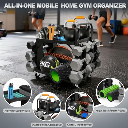 All-in-One Home Gym Storage Cart with Wheels and Handle, 2-Tier Heavy Duty Adjustable Weight Rack for Small Dumbbells, Kettlebells,Yoga Mats, Fitness Gear