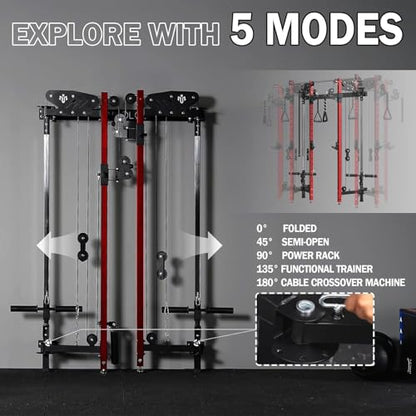 Mikolo Folding Squat Rack, Wall Mounted Power Rack with Cable Crossover Machine & LAT Pull Down, Functional Trainer with 5 Adjustable Function Modes, for Home Gym and Space Saving - color: Red, size: WR00 Ultra (Alum Pulleys)